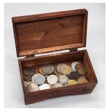 World Coin Collection in Rustic Wooden Box