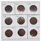 British Penny Coin Collection - 1915, 1916, 1917,