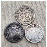 1865 Three Cent Piece & Seated Liberty Dimes (1853