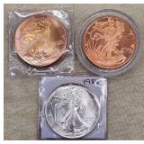 1986 Silver Eagle Dollar + (2) Copper Walking Libe