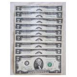 Lot of 10 US Two Dollar Bills - $2 Currency