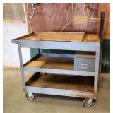 Rolling Shop Cart - Gray Finish, Wooden Top, Drawe