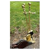 Vintage Fireplace Tool Set w/ Bellows Brass Wood