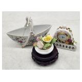 Porcelain Lot - Basket, Clock, Floral Arrangement