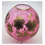 Cranberry Glass Vase - Enamelled Floral Decor