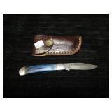 UNUSED DAMASCUS STEEL FOLDING KNIFE W/SHEATH