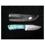 UNUSED DAMASCUS STEEL HUNTING KNIFE W/SHEATH