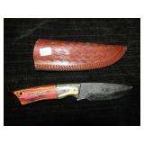 UNUSED DAMASCUS STEEL HUNTING KNIFE W/SHEATH