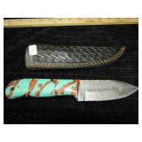 UNUSED DAMASCUS STEEL HUNTING KNIFE W/SHEATH