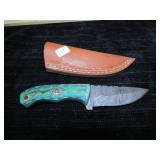 UNUSED DAMASCUS STEEL HUNTING KNIFE W/SHEATH