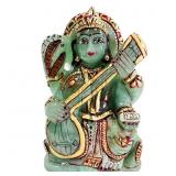 Intricate Jade Saraswati with Gold & Red Accents