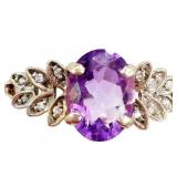 3/4 CT Amethyst & Diamond Leaves Ring 14k