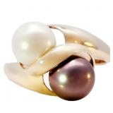 Black and White Pearl Crossover Ring 14k Gold