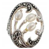Hematite & Pearl Floral Open Ring