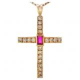 Diamond & Ruby Cross Pendant 14k Yellow Gold