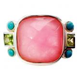 7.5 CT Rose Quartz, Turquoise & Diamante Ring