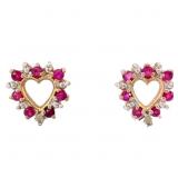 Ruby & Diamond Heart Gold Earrings