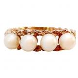 Cultured White Pearl Rope Band Ring Yellow Gold