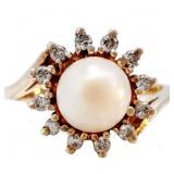 Pearl & Diamond Halo Bypass Dinner Ring 14k Gold
