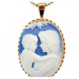 Mother & Child Blue Cameo Pendant/Pin Yellow Gold