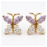 Lavender & White Diamante Butterfly Gold Earrings