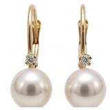 Cultured White Pearl & Diamond Earrings 14k