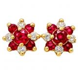 Ruby & Diamond Flower Earrings 14k Gold