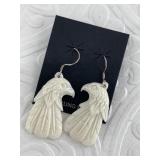 Pair of bone carved eagle head silver hooked earri
