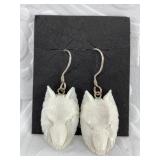 Pair of bone wolf head earrings on sterling silver