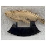 Ulu with a carved salmon handle, back end of fin h