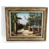 Original oil on canvas of a log cabin in the woods