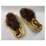 Pair of sealskin fur and hide slippers hand crafte