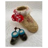 Woven grass shoe basket trimmed with fur and an ad