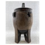 Hand carved wood South African pot with feet and l