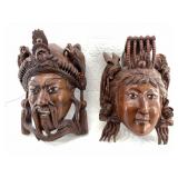 Stunning pair of carved teak Oriental masks, incre