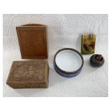Several wood boxes, antique porcelain cannister, e