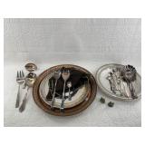 Variety of silver-plate flatware, British tea char