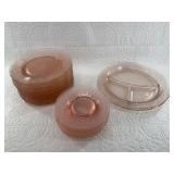 Variety of etched and molded pink Depression glass