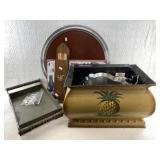 Variety of home goods: Serving platters, leather k