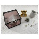 Glass trinket box with miniature desktop clock in