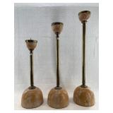 Set of 3 wood and brass candlestick holders, talle