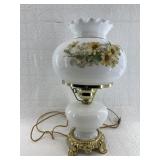 Vintage milk glass table lamp in kerosene lamp sty