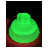 Vintage Uranium glass, lidded, frosted, nut dish a