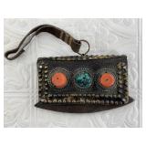 Tibetan leather and brass flint striker with coral