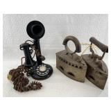 Lot of 3: antique desktop telephone and 2 old coal
