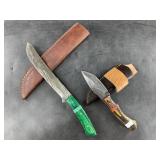 2 Damascus bladed knives with leather sheath, long