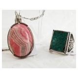 Sterling silver and natural stone necklace and rin