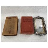 Two antique books and a silver-plated butter dish