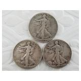 Three Walking Liberty silver half dollars: 1944, 1