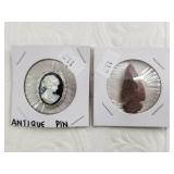 Antique cameo brooch and a stone arrowhead